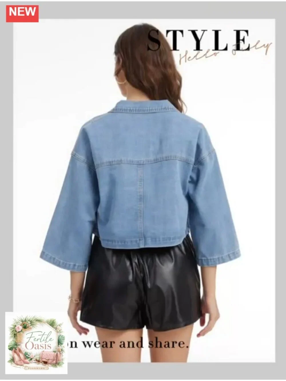 Womens Denim Jacket 3/4 Sleeve Casual Button Down Crop Jean Shirt